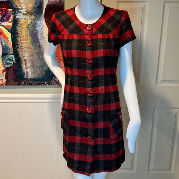 Polo Garage Red and Black Plaid Mini dress, large buttons in front, made Turkey. - Picture 1 of 12